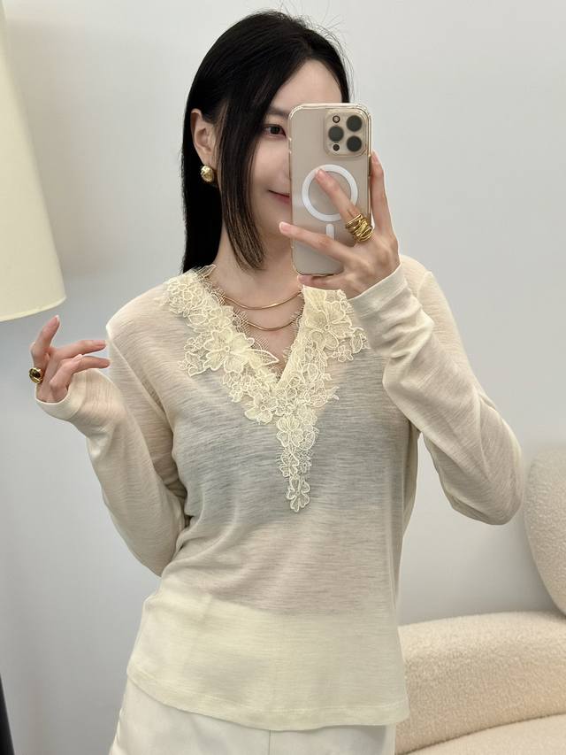New arrival wool V-neck lace long-sleeved bottoming shirt off-white, black, 2 c