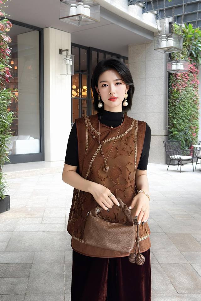 New Xiangyun yarn splicing jacquard vest oblique lapel Chinese retro waistcoat
