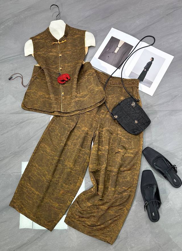 Vest Pants New arrival Jacquard silk fabric Green, coffee color S-Xl
