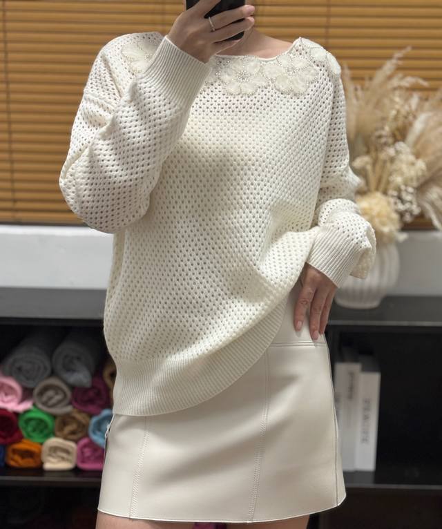 European station flower beaded hollow long-sleeved wool sweater top women's loo