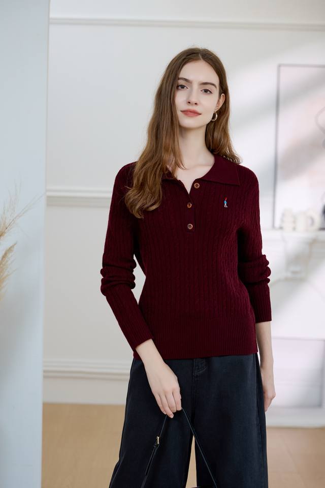 New fur lapel three-button cable-knit long-sleeved