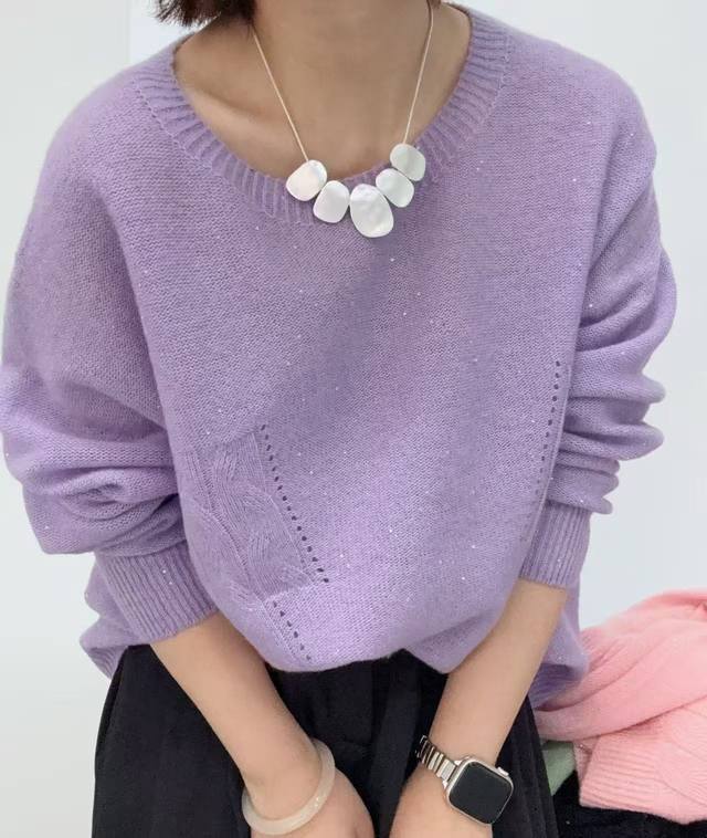New silk cashmere round neck sequined long sleeves