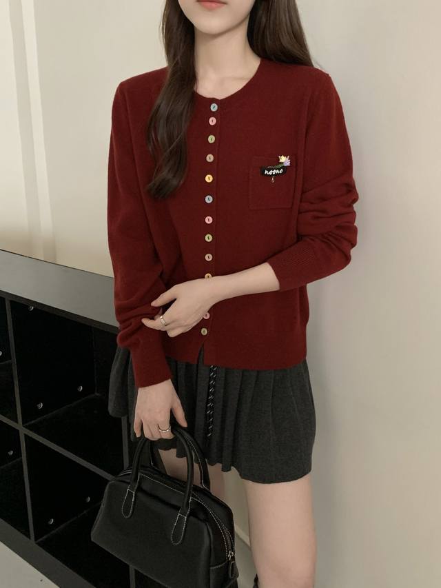 New all-wool colorful buttoned flower single pocket flower cardigan