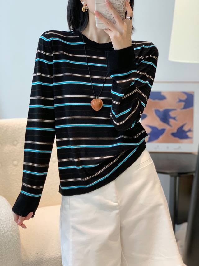New 60s 100% superfine merino wool four-color striped crew neck bottoming shirt