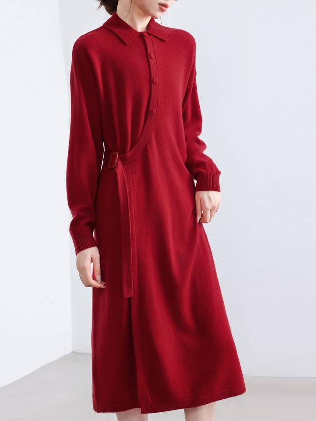 New long knitted sweater lapel dress full wool