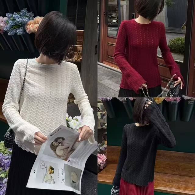 European station 2025 new solid color crocheted wave pattern bottoming sweater