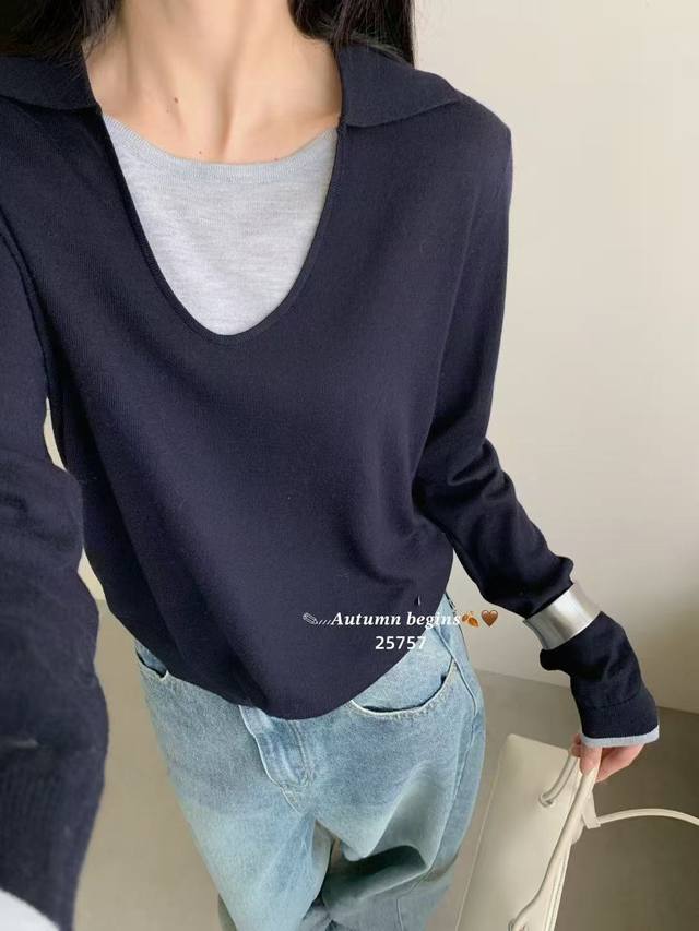 Simple high-end fake two-piece lapel sweater 25 loose slim versatile top fine wo