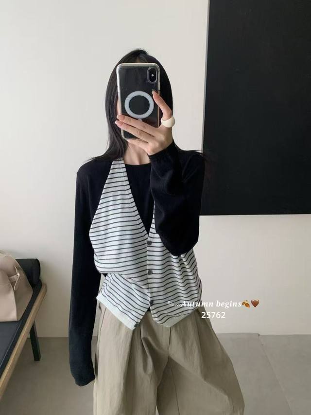 Korean design versatile halter neck slim striped knitted bottoming shirt long s