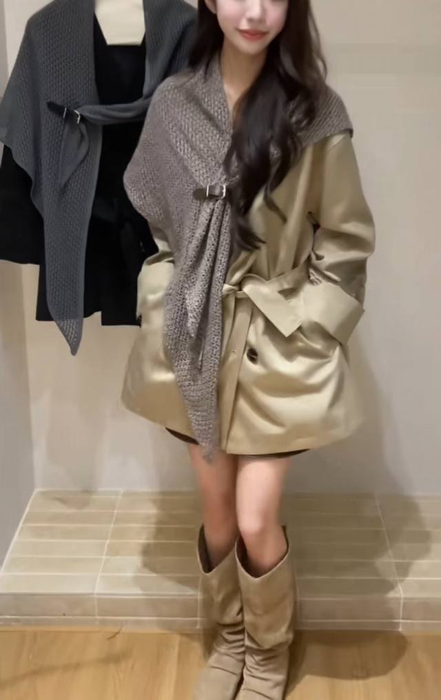 A stylish knitted shawl-strap trench coat with lace-up details, available in tw