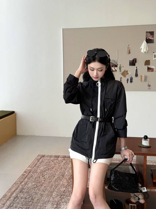 with belt prad* belted hooded drawstring jacket The hood and hem are both draws