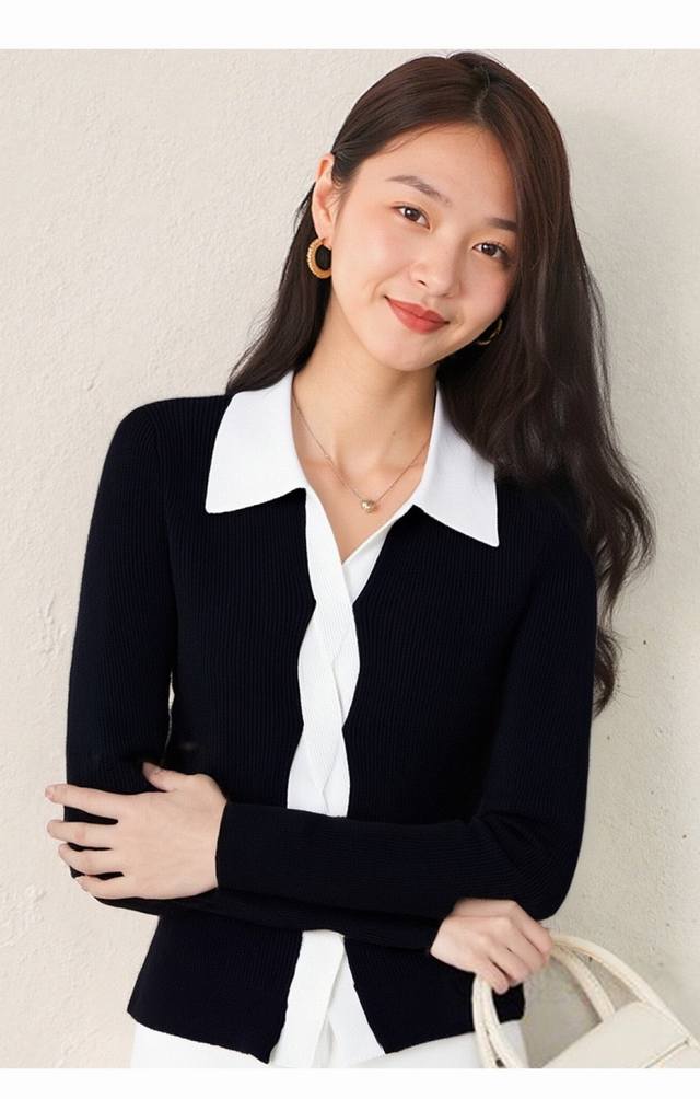 2025 autumn new style lapel long-sleeved knit sweater for women, black and white