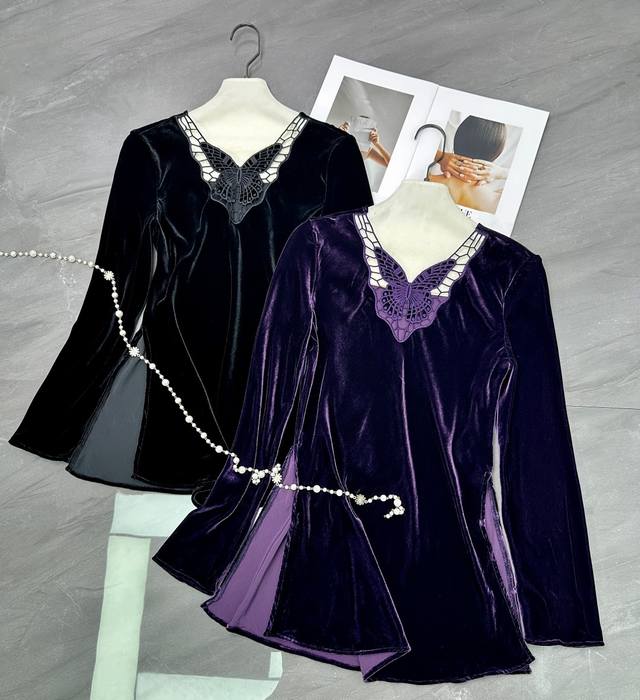 Autumn new bias-cut 100% mulberry silk round neck back hollow embroidery slim fi