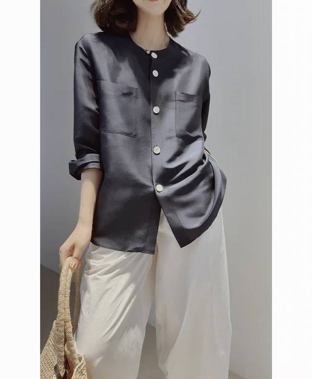 Xiaohe same style twill silk double pocket shirt jacket navy blue white S-Xl