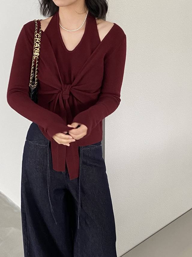 Early autumn partner French halter neck whitening knitted sweater women's autum