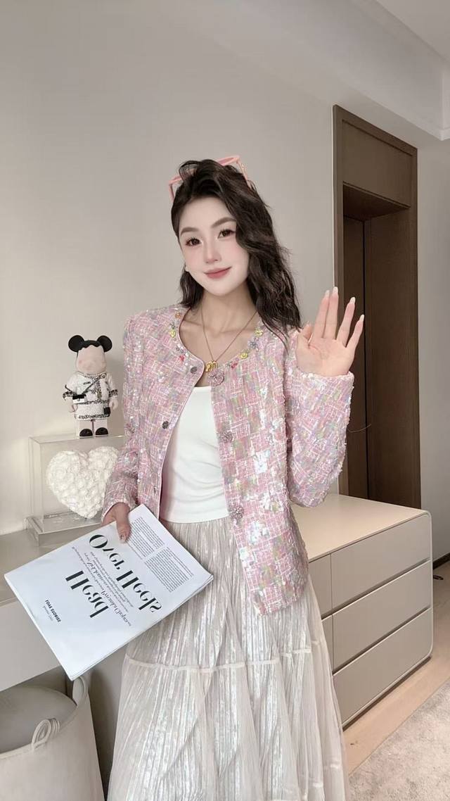 Romantic aesthetic heavy beaded jacket, pink tweed embellished with sequins, the