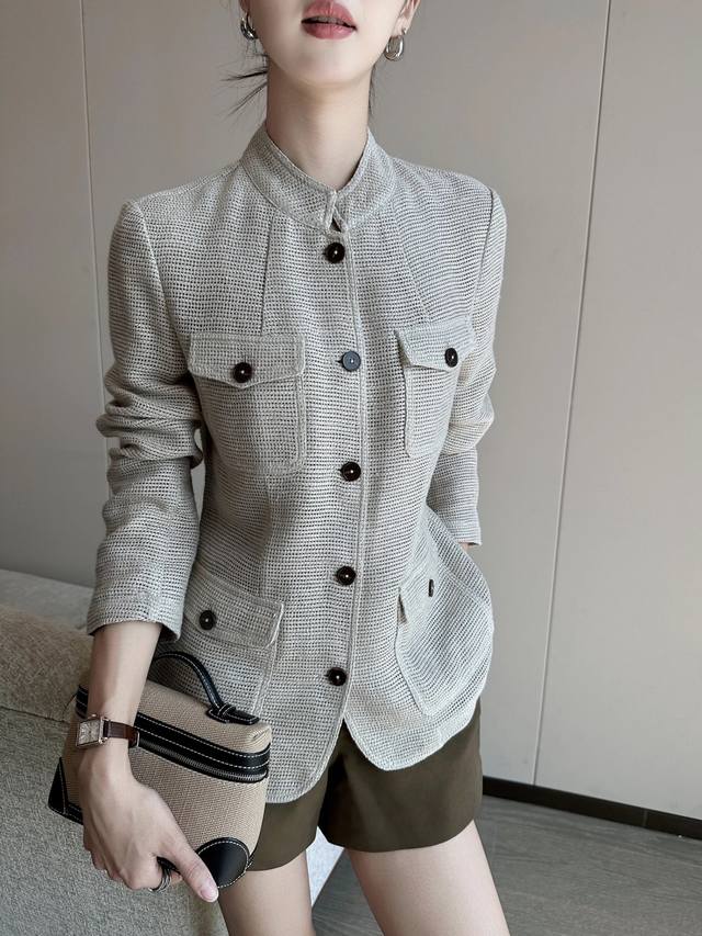 French old money style waist temperament coat stand collar multi-pocket design,