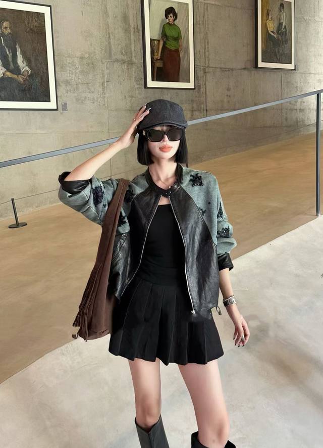 European heavyweight beaded embroidered denim and leather jacket, the denim and