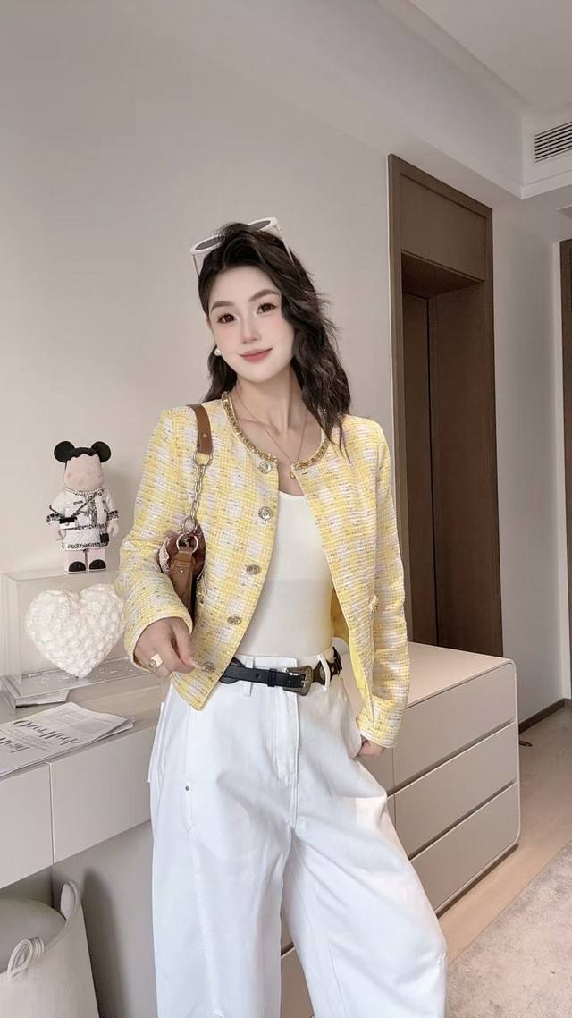French high-end exquisite beaded Chanel jacket, bright yellow plaid classic and