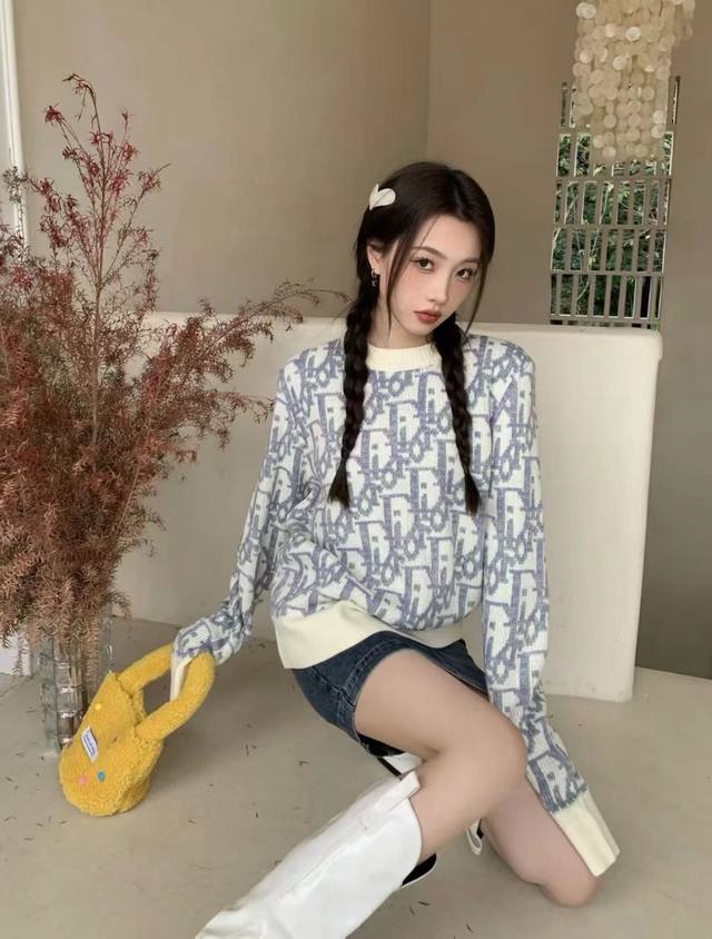 New Dio* all-over printed jacquard round neck pullover sweater,