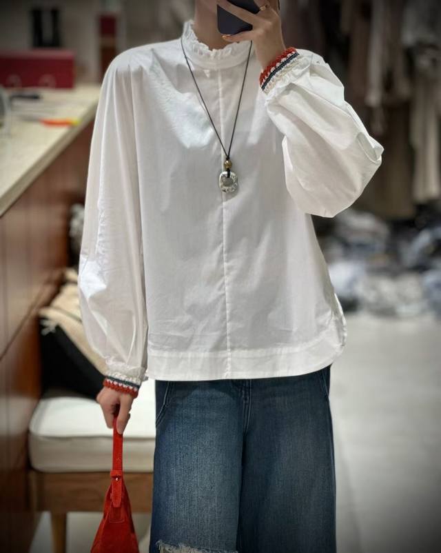 Hot new arrivalRuffled edge mid-neck loose sleeves crocheted versatile shirtFabr