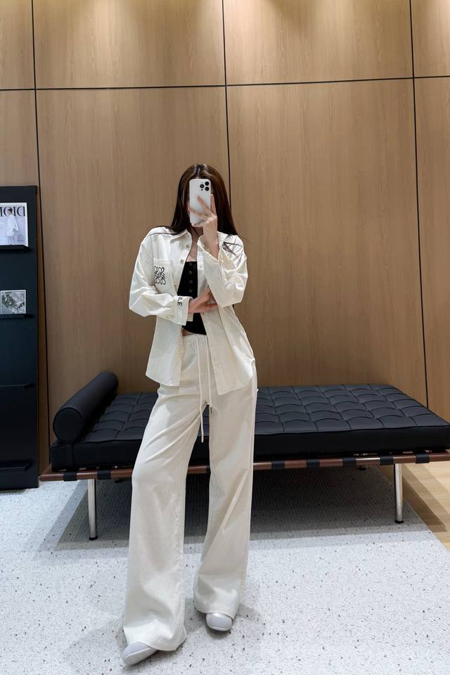 Loe* Lapel long-sleeved shirt with elastic waist wide-leg pants set. Embroidered