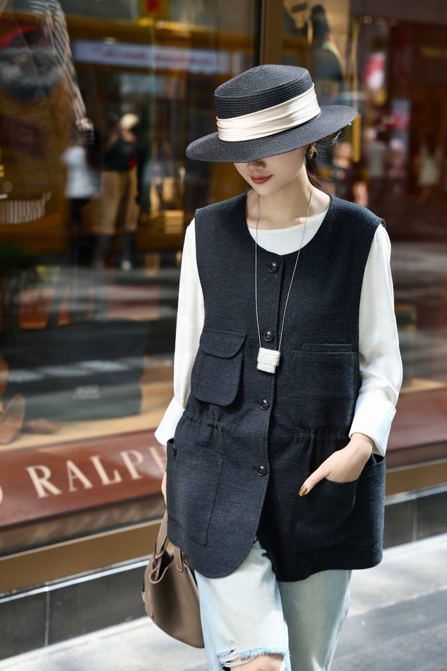 New arrival Double-sided drawstring waist four-pocket wool vest Gray S-XL
