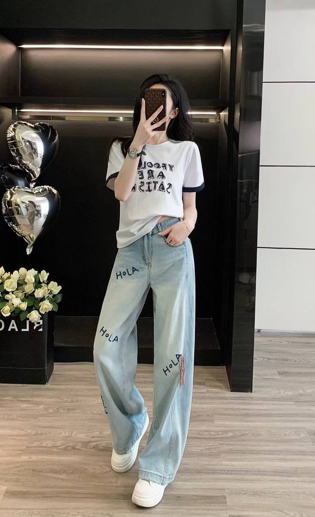 Summer embroidered T-shirt and denim pants set! Fabric: Cotton, polyester, span