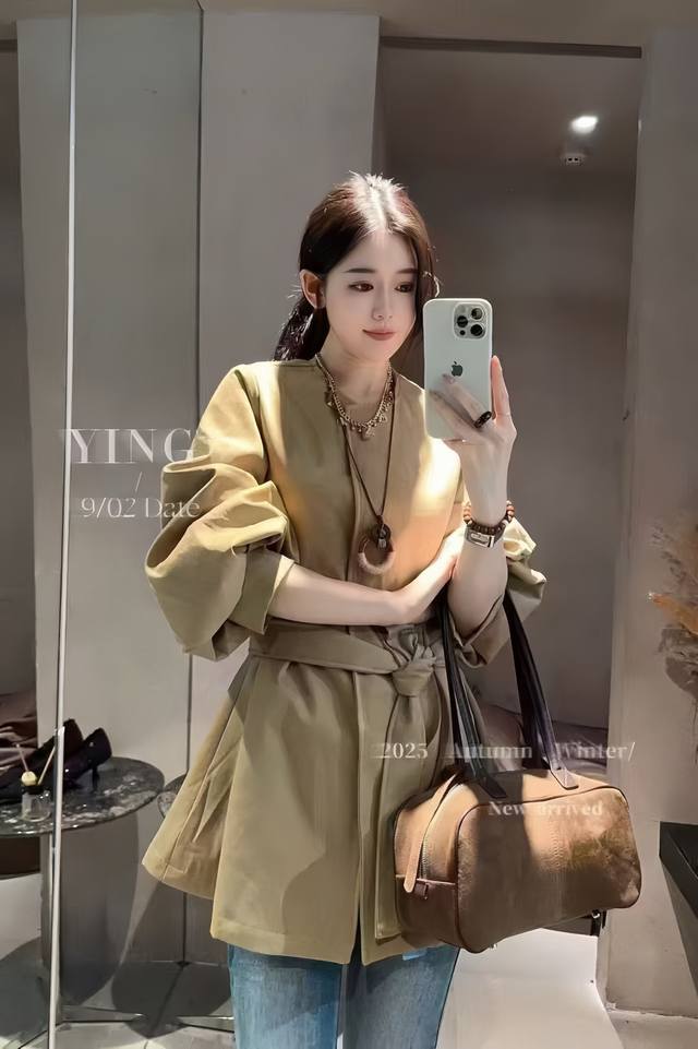 French temperament loose round neck trench coat, classic round neck design fash