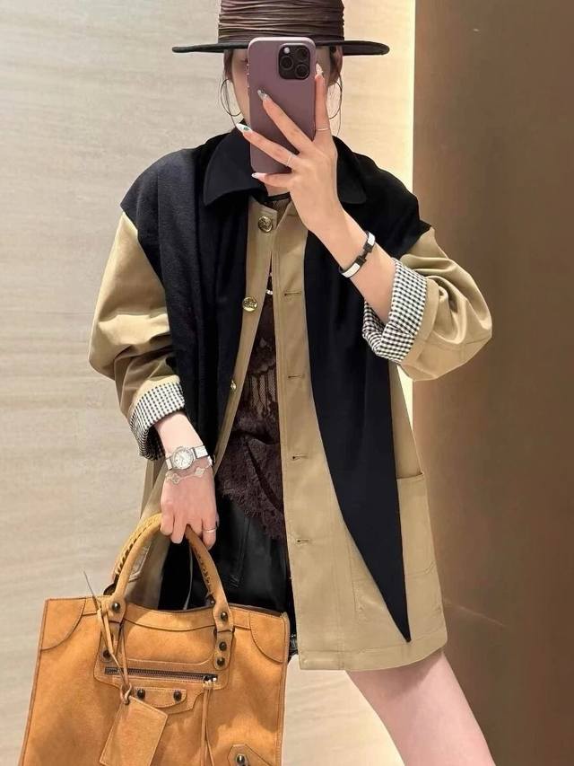 Designed knitted shawl contrasting color trench coat, lazy and casual, neat and