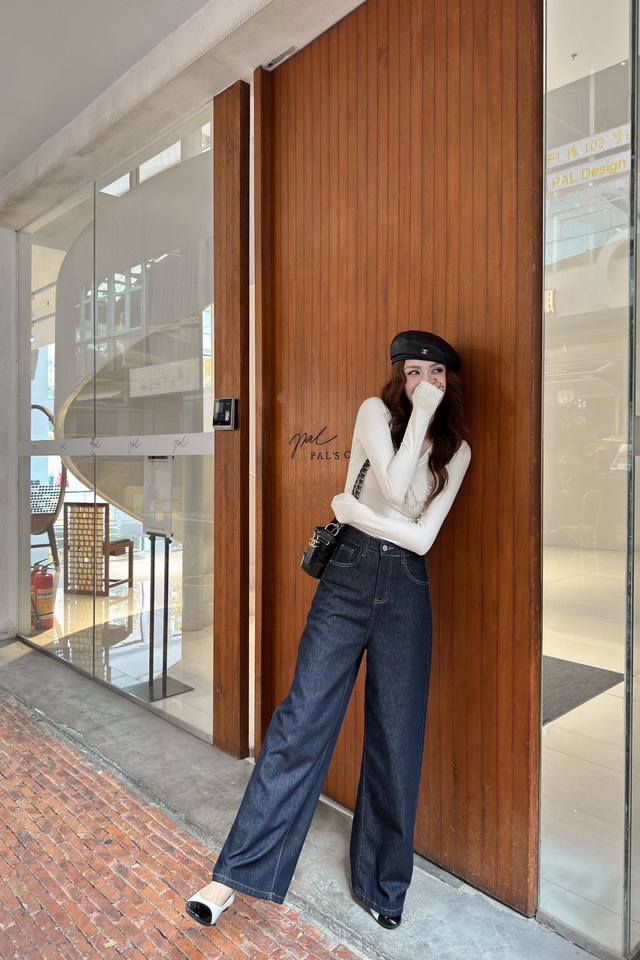 Chanel style wide-leg denim trousers, custom-made in dark cotton denim fabric,