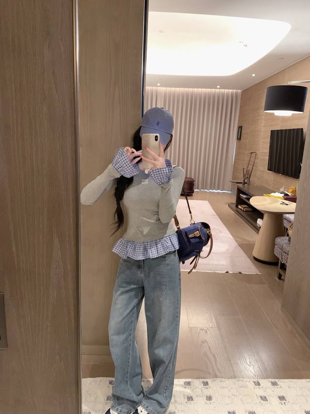 Miumi*Embroidered letters and plaid ruffled embroidered hem bottoming shirt