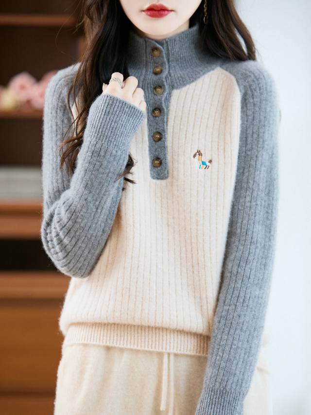 100% wool seven-needle thickened stand-up collar embroidered sweater