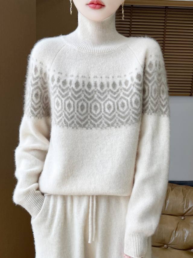 100% wool seven-needle thickened high-neck jacquard sweater