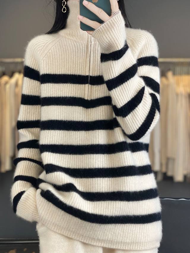 100% wool seven-needle thickened striped half-zip sweater