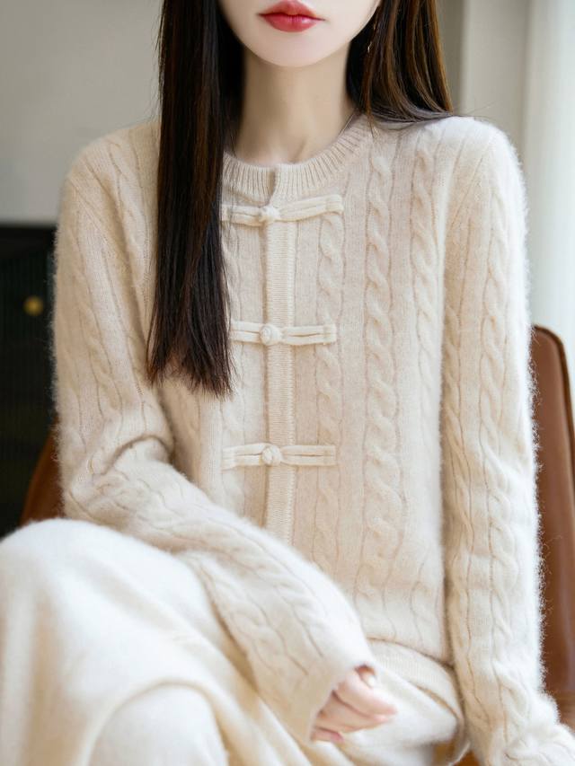 100% wool seven-needle thickened Chinese style buttoned knitted cardigan