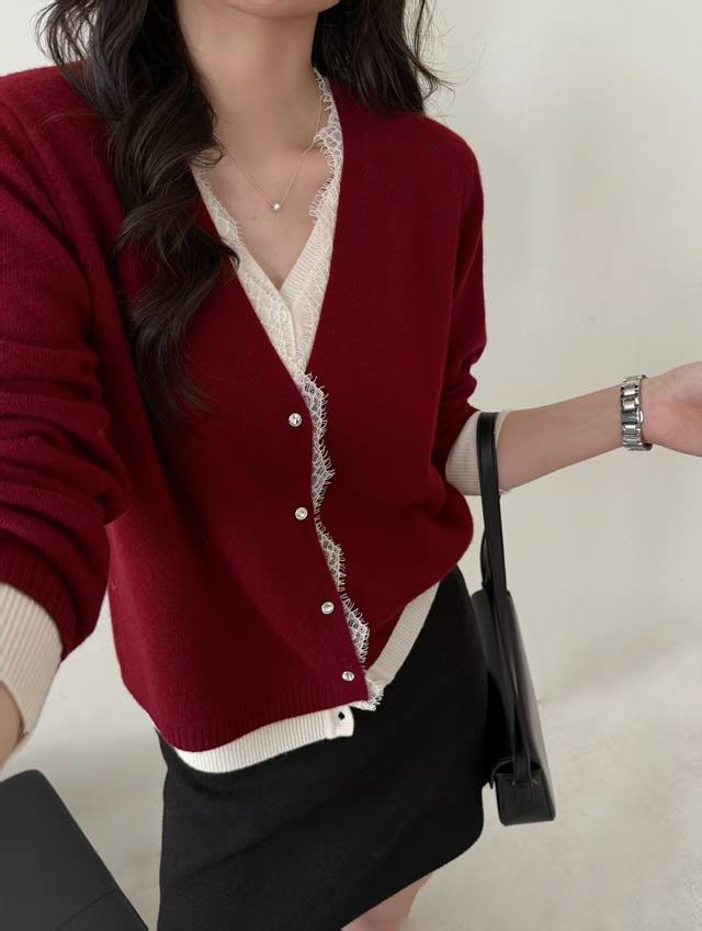 New all-wool fake two-piece lace cardigan long sleeves