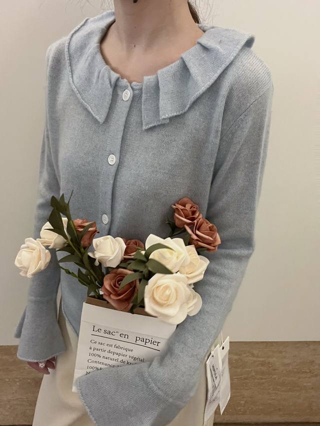 New 30 Cashmere Cardigan Doll Collar Long Sleeve One Size