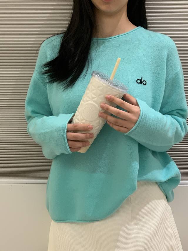 New Terry Trim Round Neck Letter Embroidered Top One Size