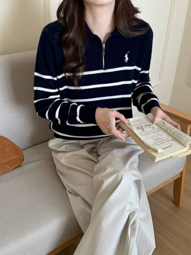 European women's clothing 2025 autumn new fashion lapel half zipper striped sti