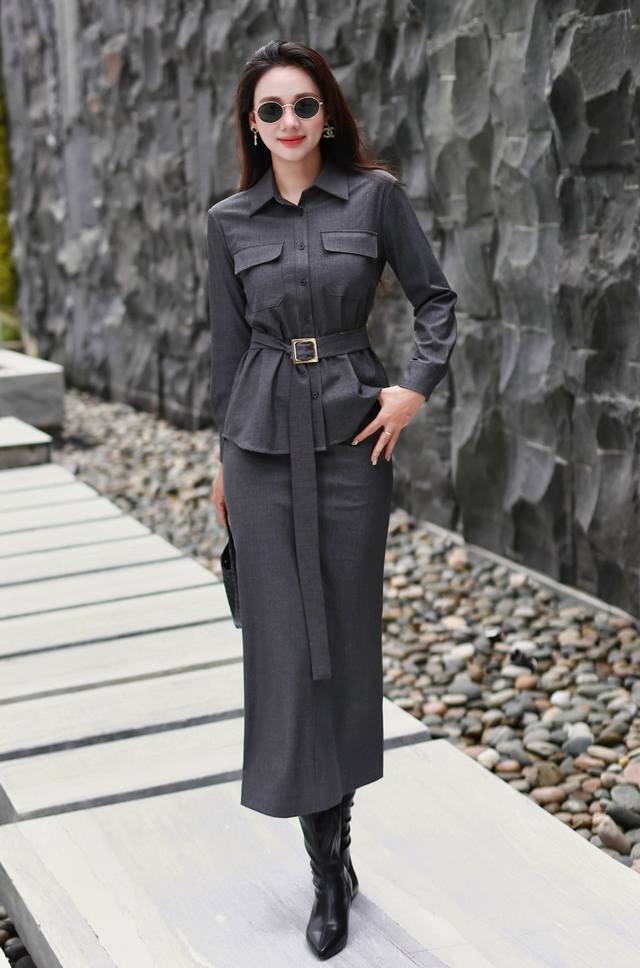 Dark grey high-grade wool blend slimming cardigan top + hip-wrapped long back s