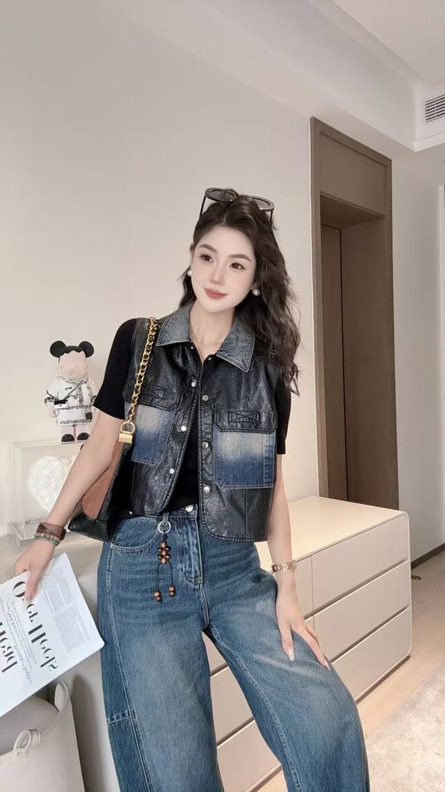 This European-style vest is made from high-end twill denim fabric, featuring was