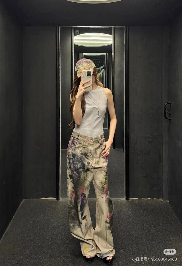 Ac*E American hot girl irregular old graffiti denim wide-leg pants women's autum