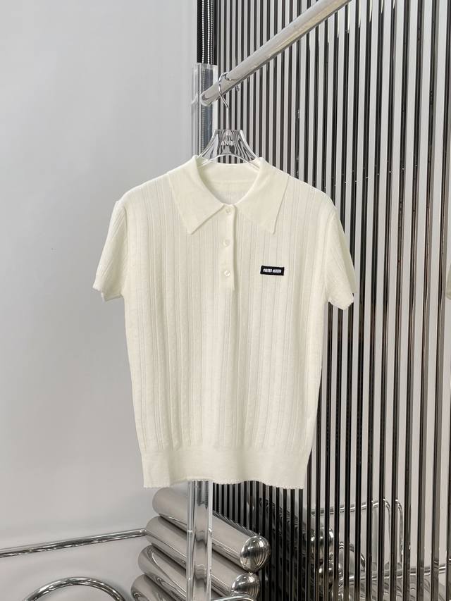 Actual photos! Latest Miu 25New dark striped knitted lapel polo top Size: Sml