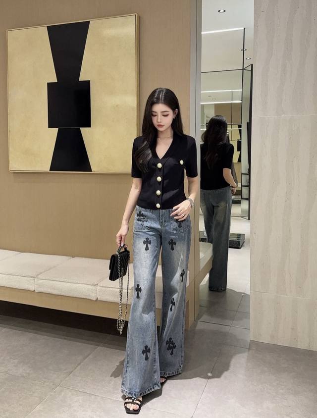 New! Latest Ch 25New Crochet Cross Leather Jeans Size: Sml