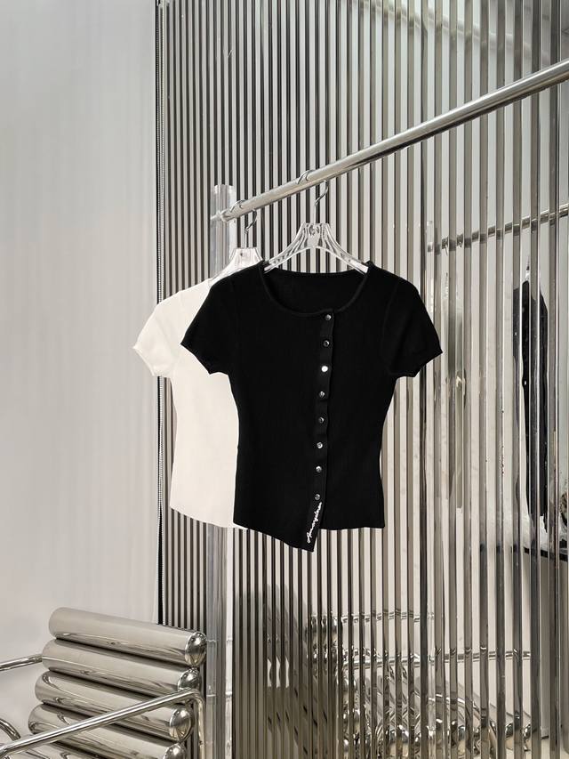 Actual photos! Latest Ann 25New irregular letter embroidered knit short-sleeved