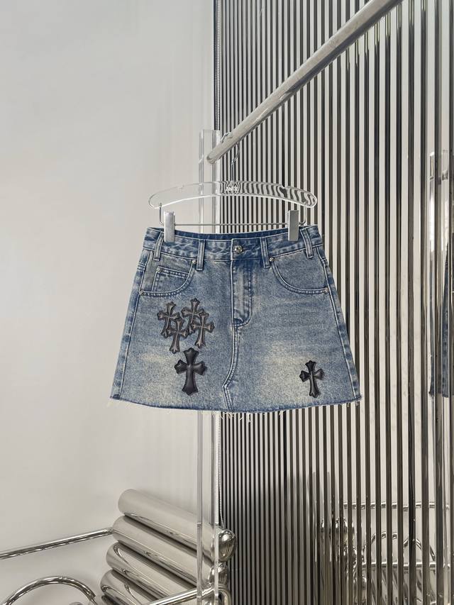 Actual photos! Latest Ch 25New Crochet cross leather denim skirt with safety pa