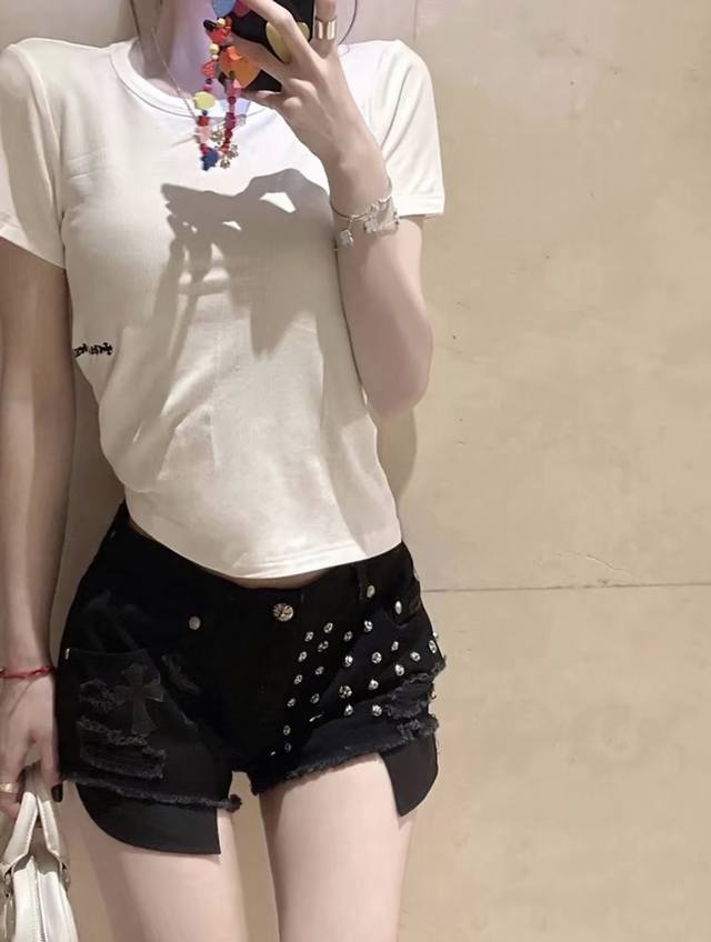 New! Latest Ch 25New Croc rivet charcoal black denim shorts. Size: Sml.