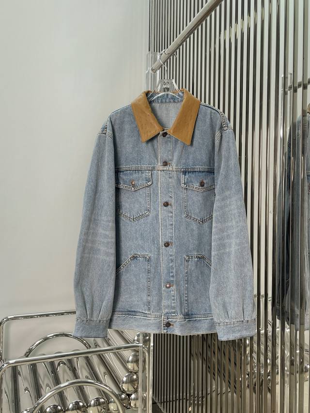 Actual photos! Latest Ce 25New Arc de Triomphe logo leather collar denim jacket