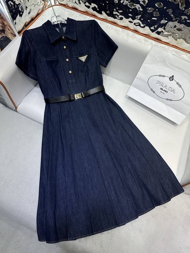 prad* 25Ss new denim shirt dress with triangle logo decoration, pleated skirt an