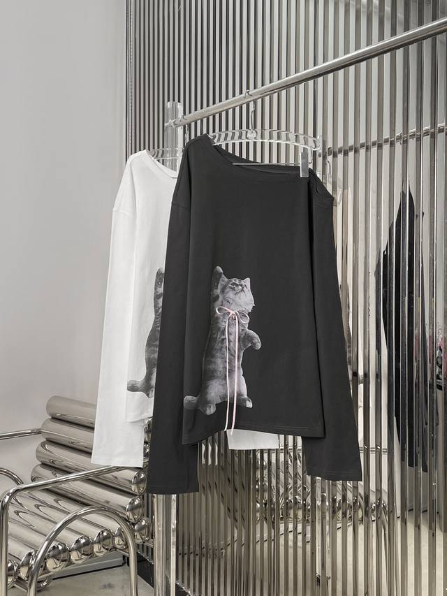 Actual photos! Latest 25New Kitten Bow Bell Shoulder T-shirt Color: Black, Whit